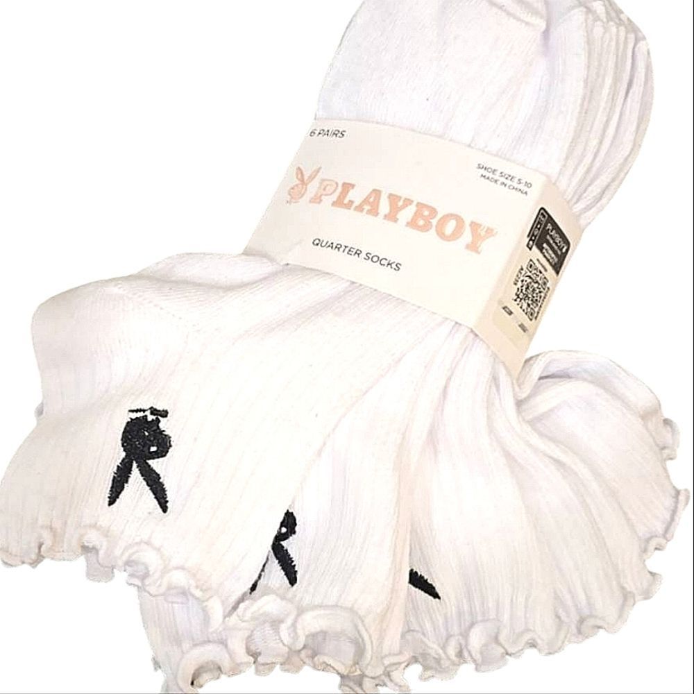 Playboy 6-PK Bunny Logo Ruffled Quarter Socks- White/Black